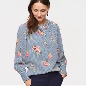 LOFT Floral Striped Shirred Blouse